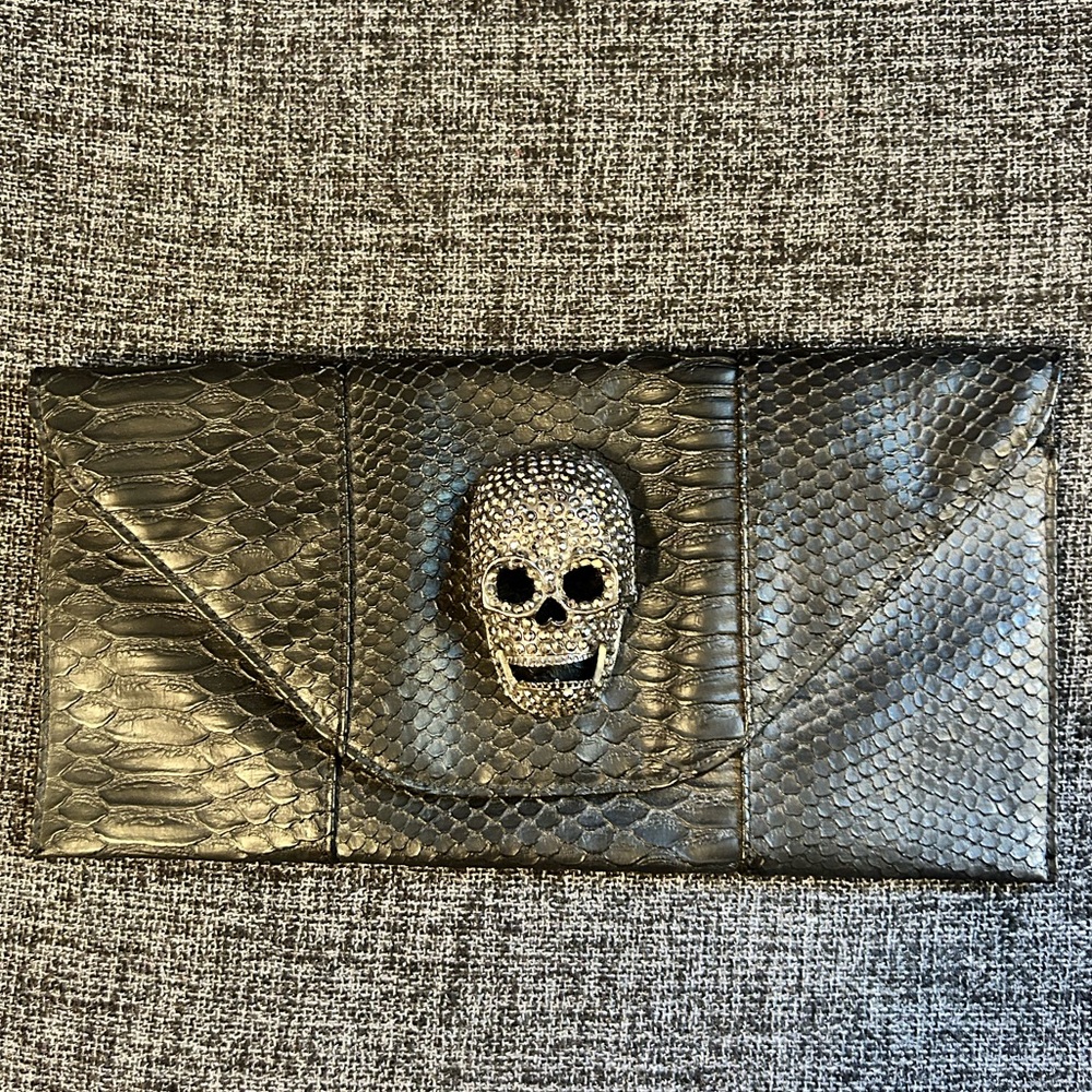 Faux Leather Black Goth Crystal Skull Clutch Handbag